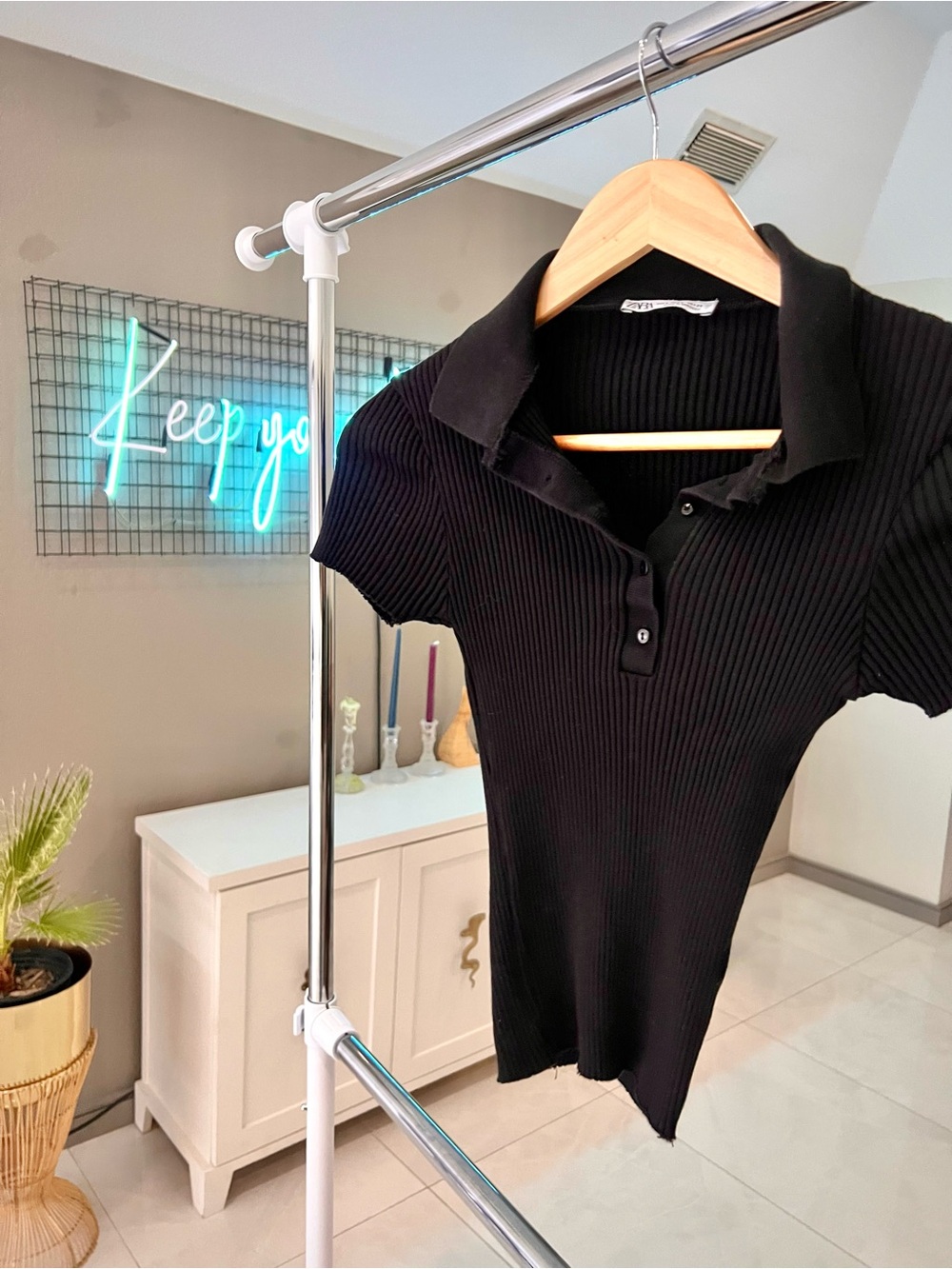 Zara Black Ribbed Polo Short Sleeve fitted top Sz S